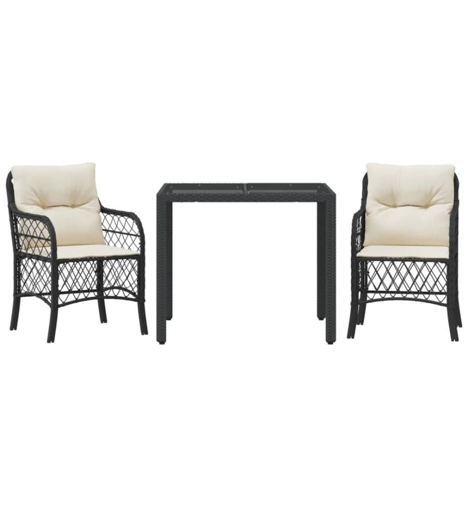3-tlg. Bistro-Set mit Kissen Schwarz Poly Rattan