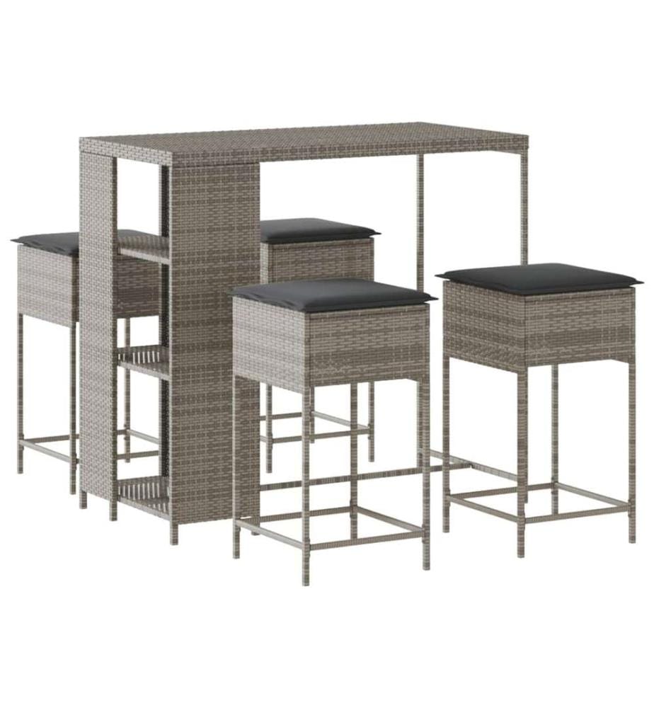 5-tlg. Gartenbar-Set mit Kissen Grau Poly Rattan