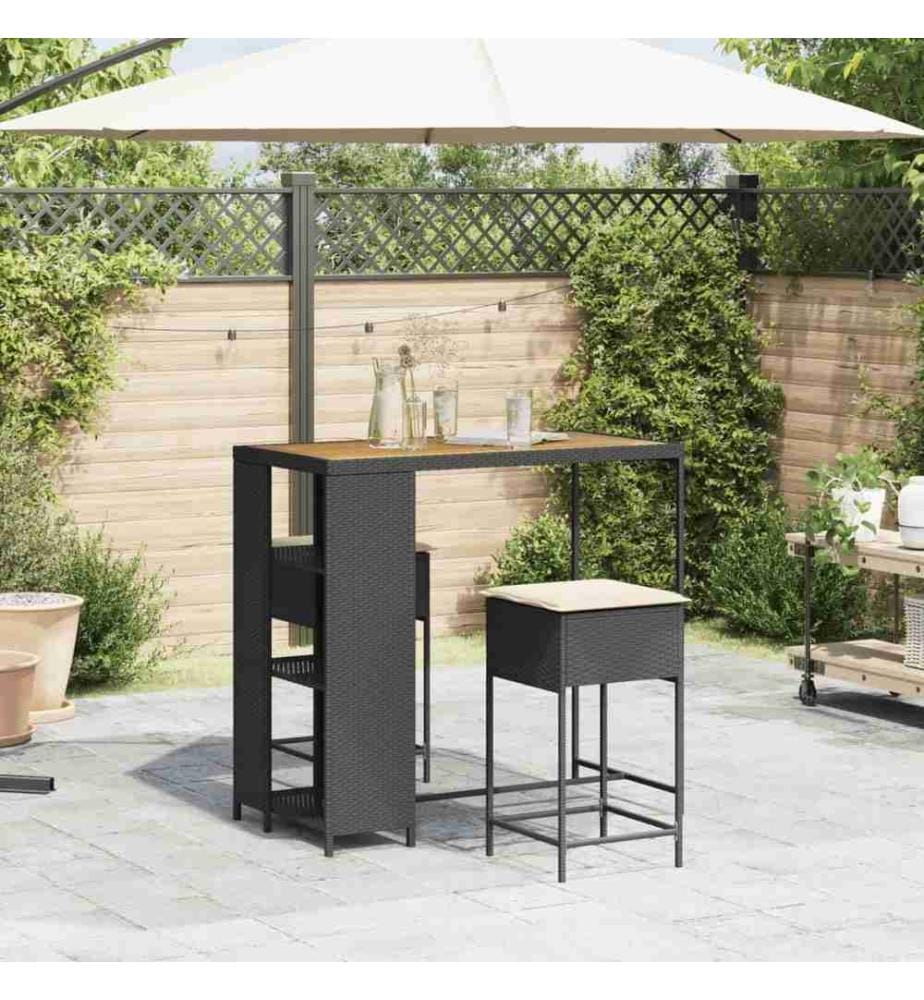3-tlg. Gartenbar-Set mit Kissen Schwarz Poly Rattan
