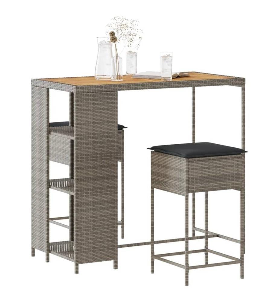 3-tlg. Gartenbar-Set mit Kissen Grau Poly Rattan