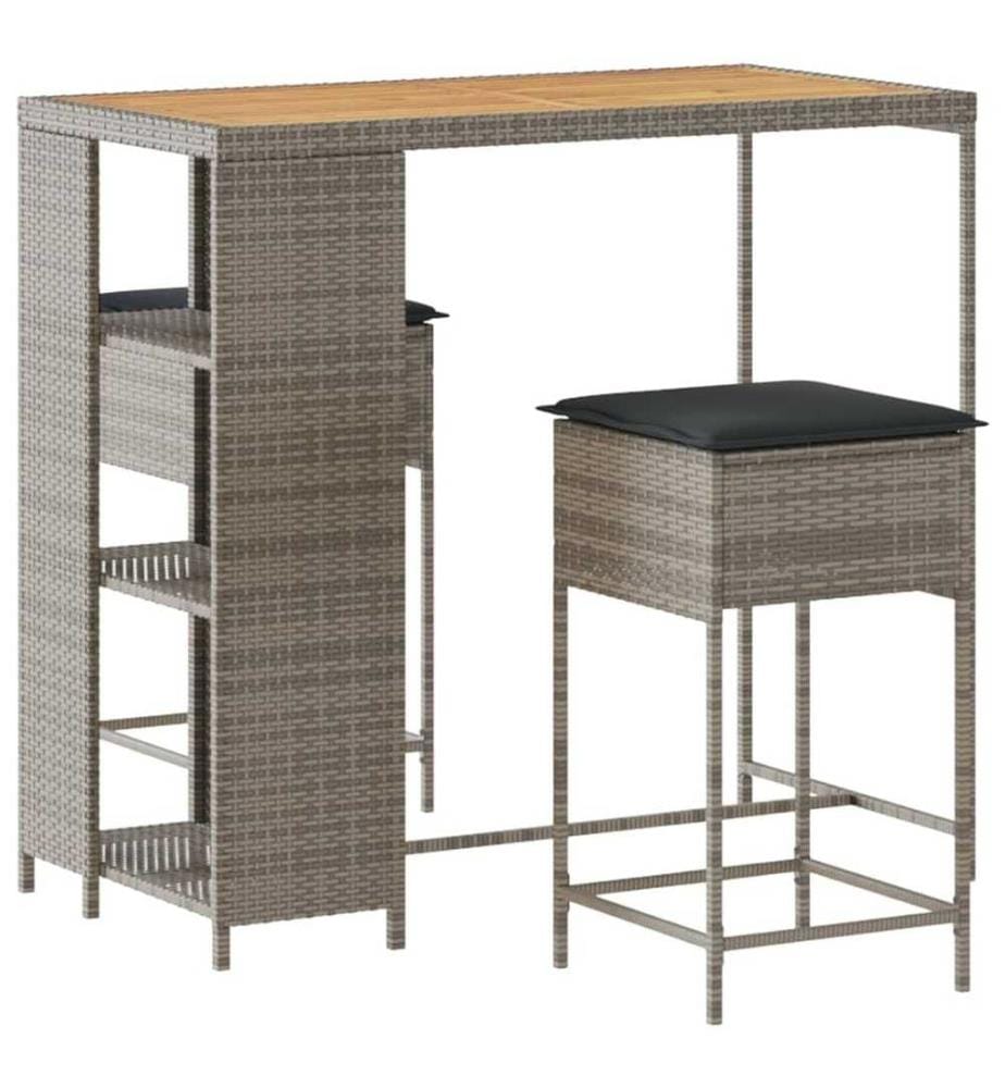 3-tlg. Gartenbar-Set mit Kissen Grau Poly Rattan