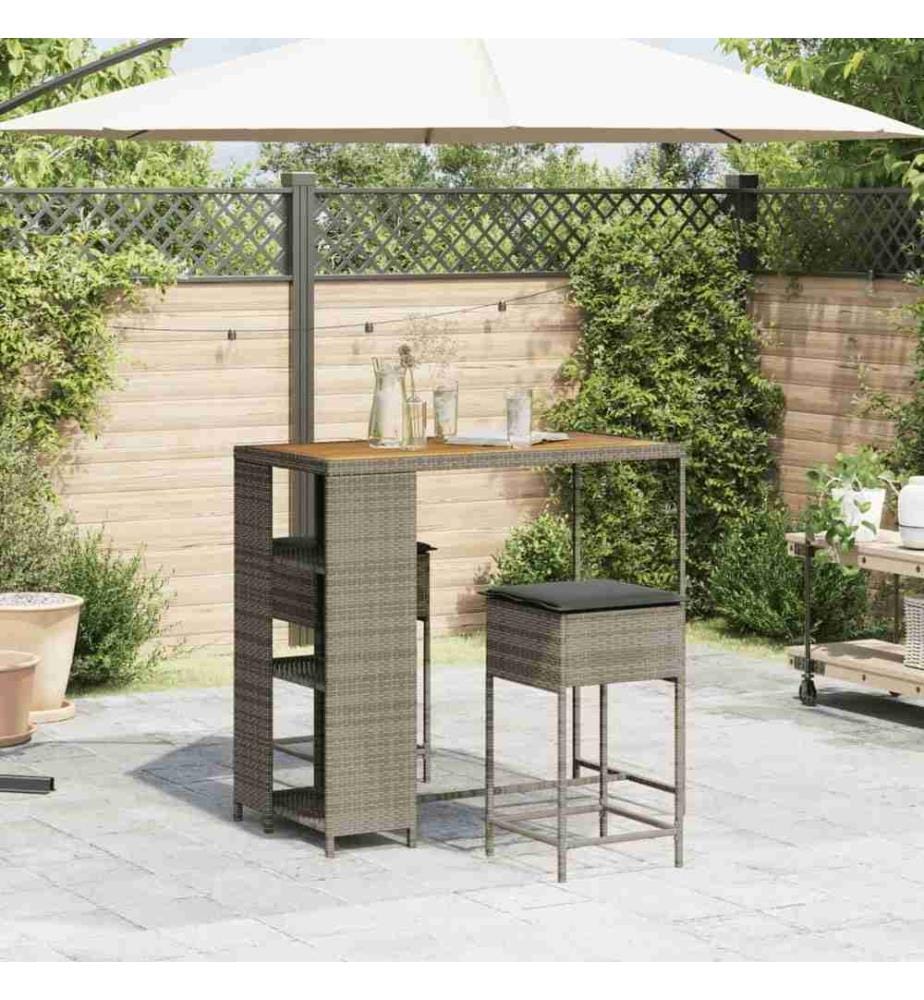 3-tlg. Gartenbar-Set mit Kissen Grau Poly Rattan