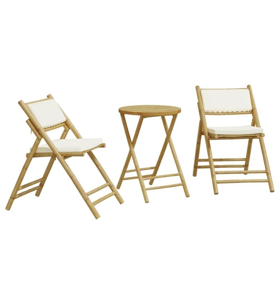 3-tlg. Bistro-Set Klappbar mit Cremeweissen Kissen Bambus