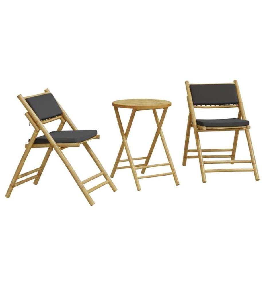 3-tlg. Bistro-Set Klappbar mit Dunkelgrauen Kissen Bambus