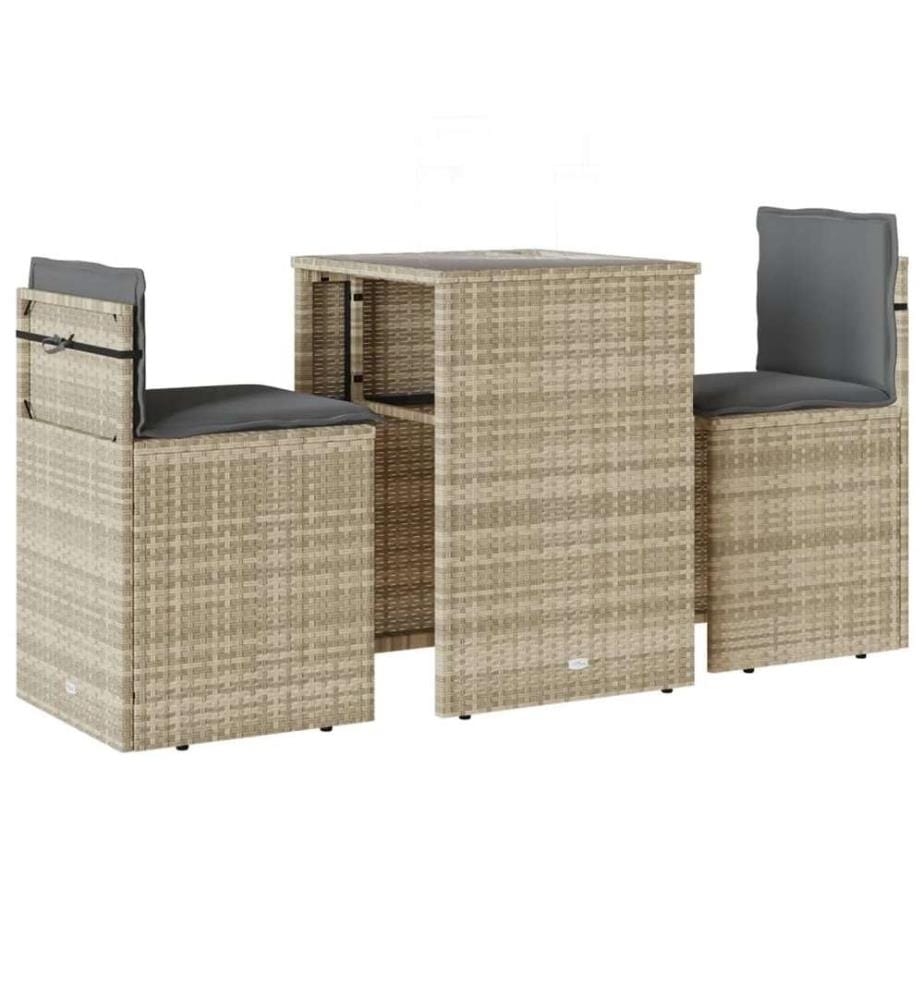 3-tlg. Bistro-Set mit Kissen Hellgrau Poly Rattan