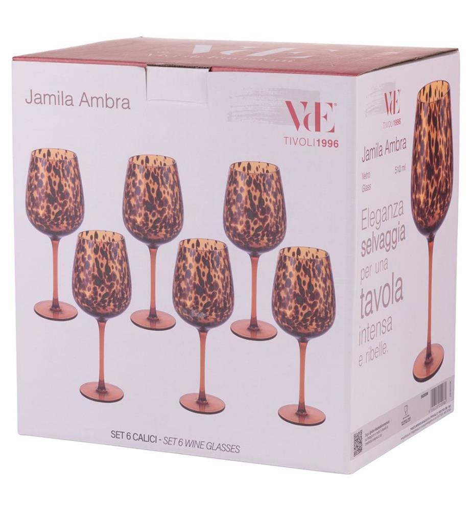 Lot de 6 verres à pied - 510 ml / Ambre / Boules marron