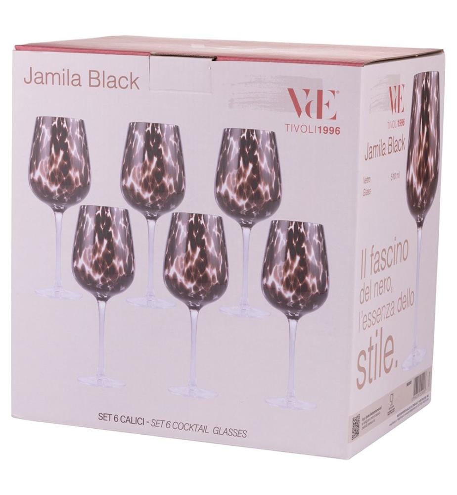 Set von 6 Stielgläsern - 510 ml / Transparent / Schwarze Kugeln