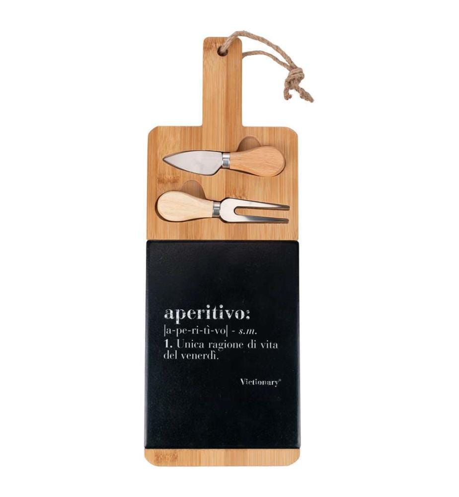 Victionary Planche à découper apéro en bambou avec 2 couteaux - Noir + bois naturel