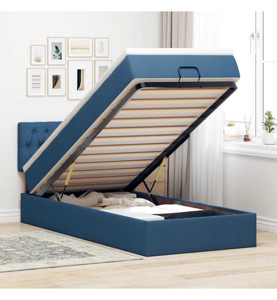 Ottomane Bett mit Matratze & LEDs Blau 90x200 cm Stoff