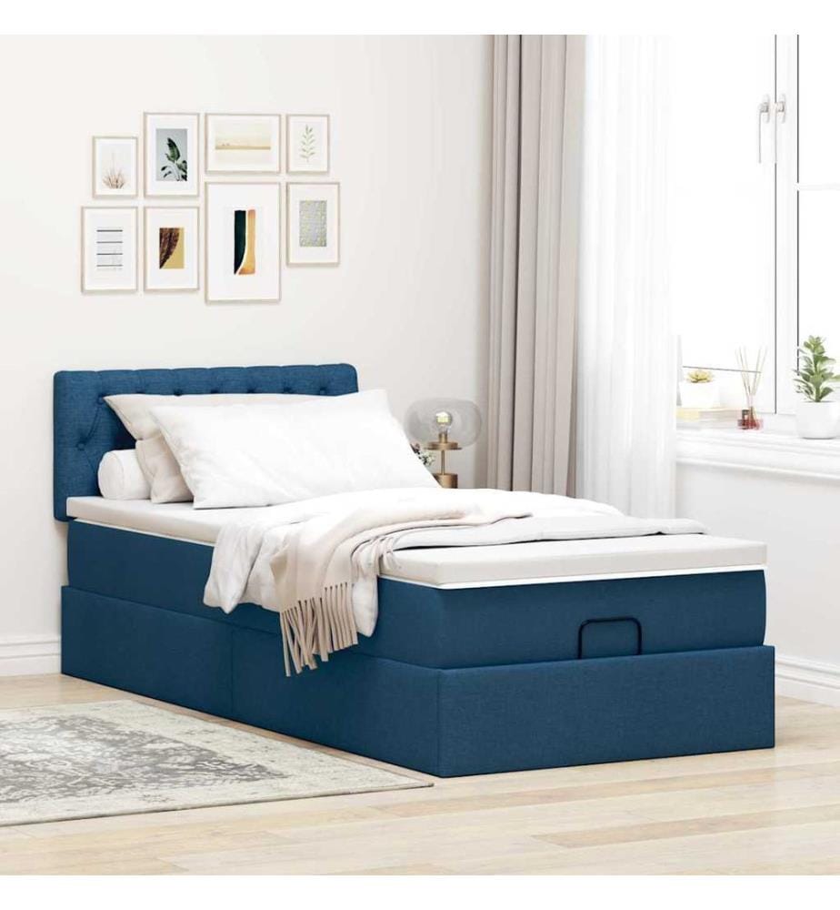 Ottomane Bett mit Matratze & LEDs Blau 90x200 cm Stoff