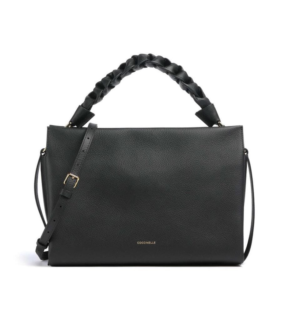 Boheme Grana Doppelte Handtasche aus genarbtem Leder - Schwarz und Cognac