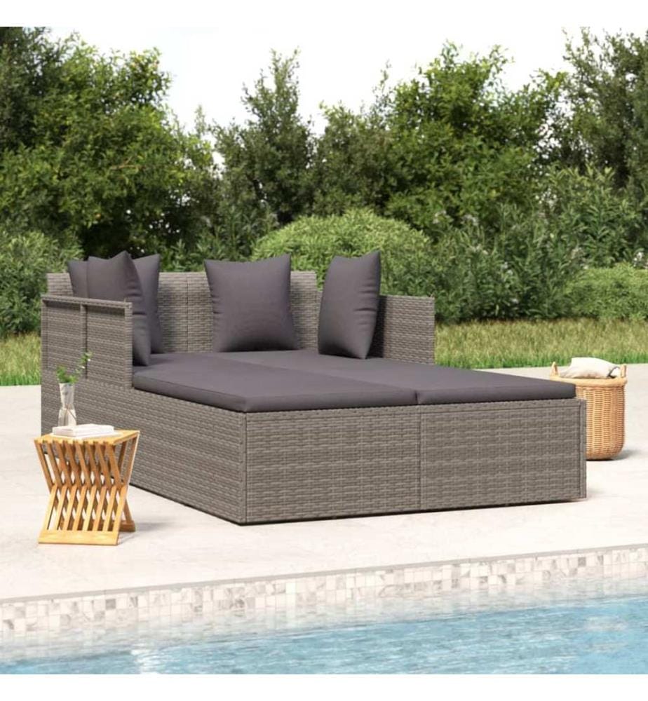 Chaise longue avec coussins gris 182x118x63 cm résine tressée