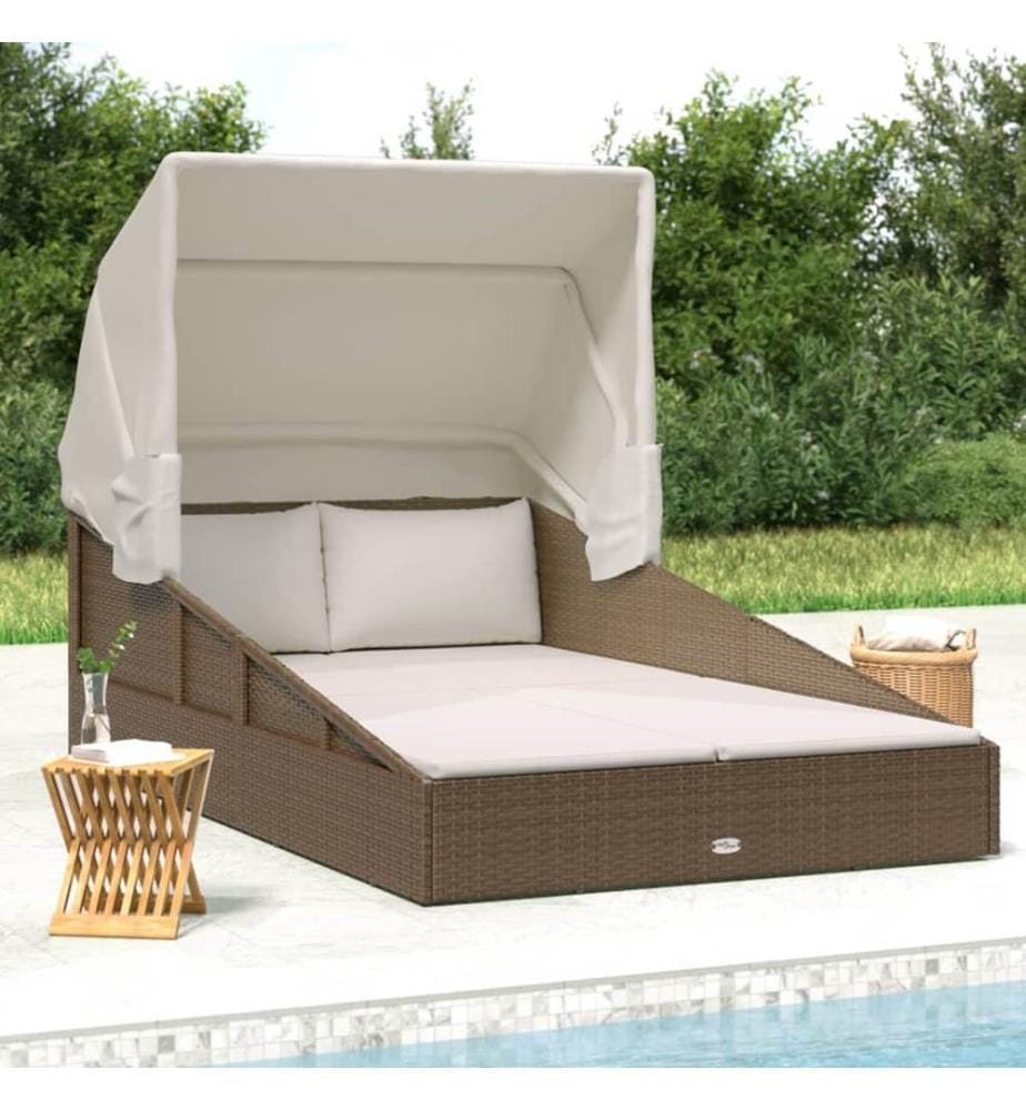 Transat avec toit pliable marron 200x114x128 cm résine tressée