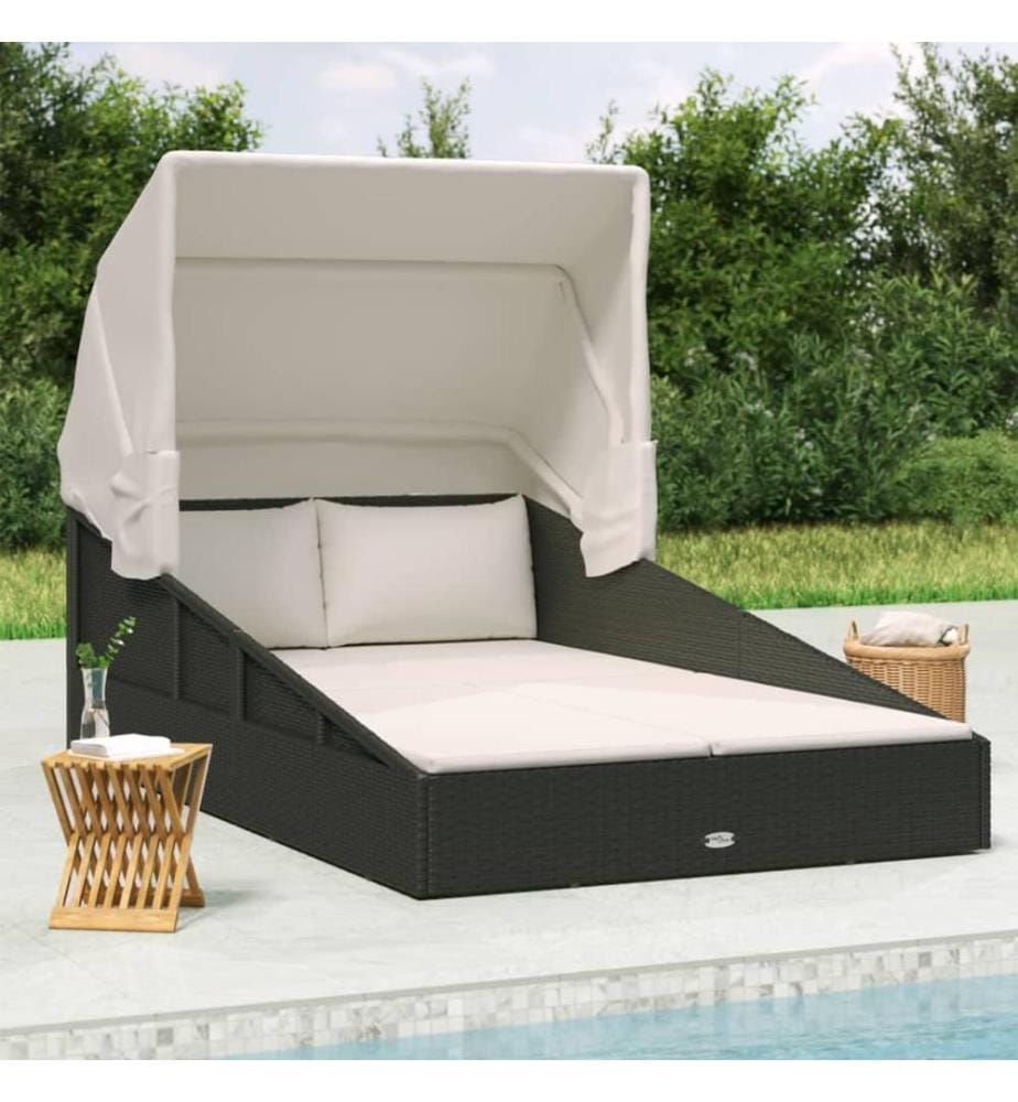 Transat avec toit pliable noir 200x114x128 cm résine tressée