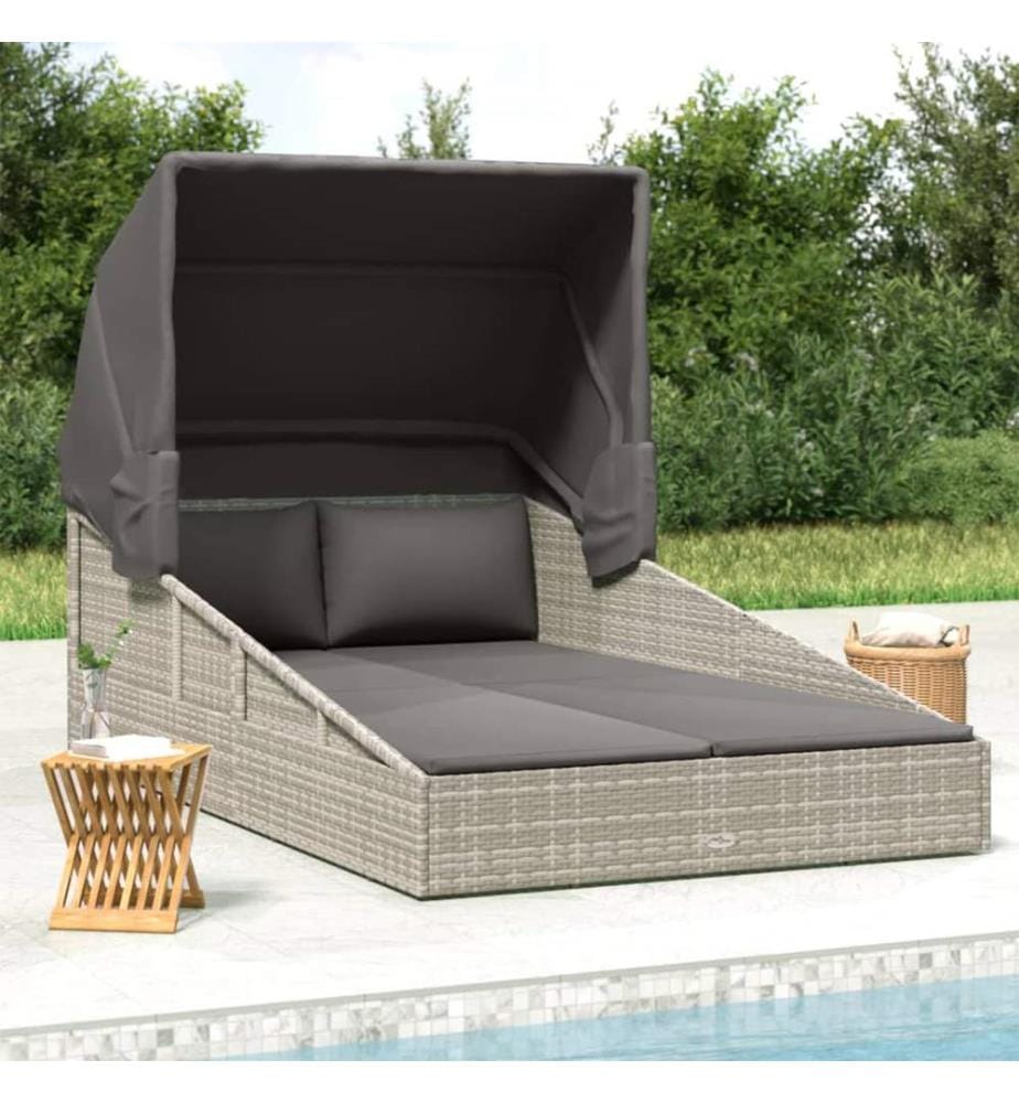 Transat avec toit pliable gris 200x114x128 cm résine tressée
