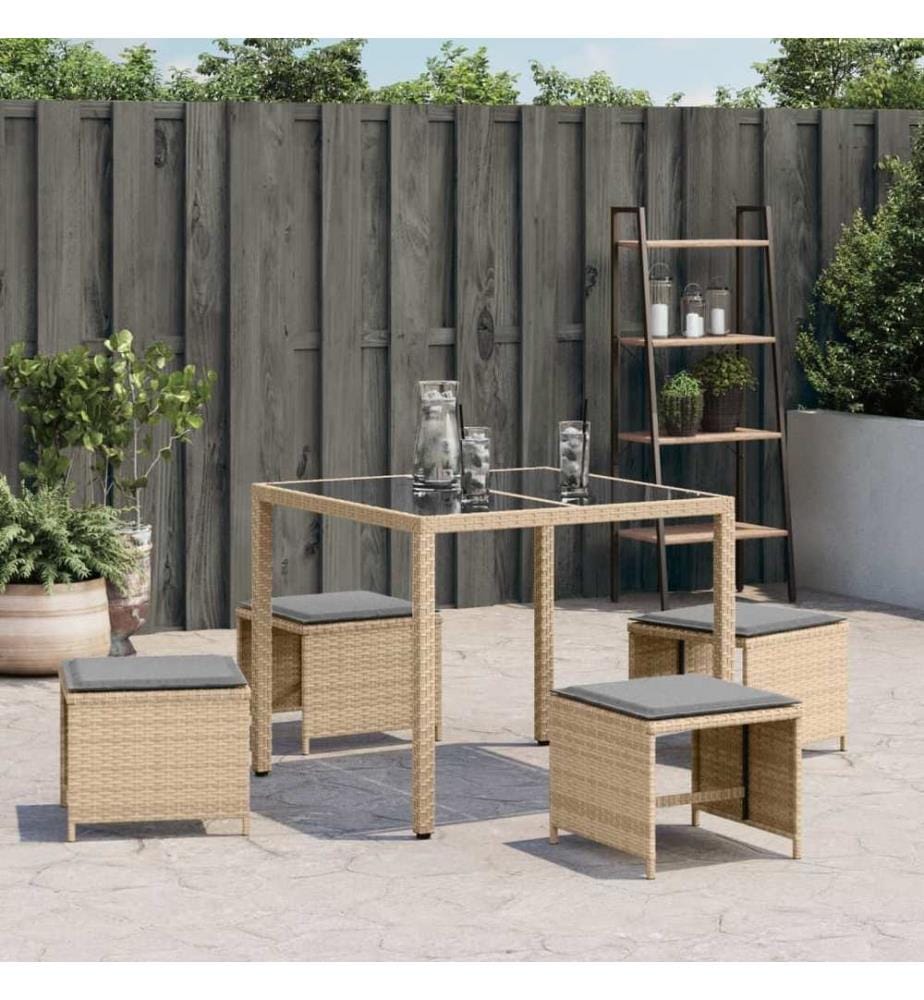 Tabourets de jardin et coussins lot de 4 mélange beige rotin