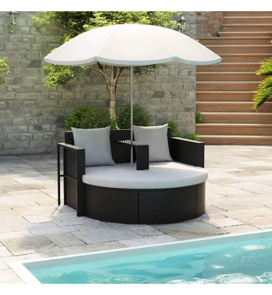 Gartenbett mit Sonnenschirm Braun Poly Rattan