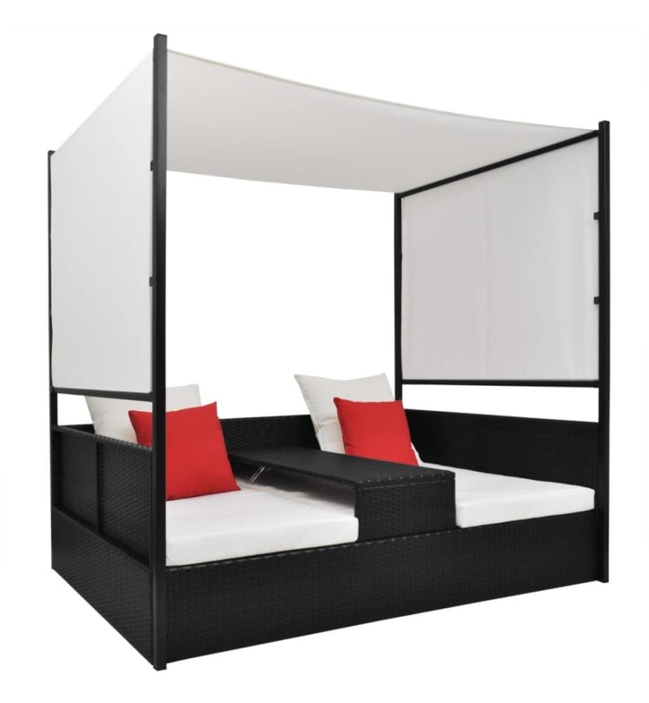 Gartenbett mit Baldachin Schwarz 190×130 cm Poly Rattan