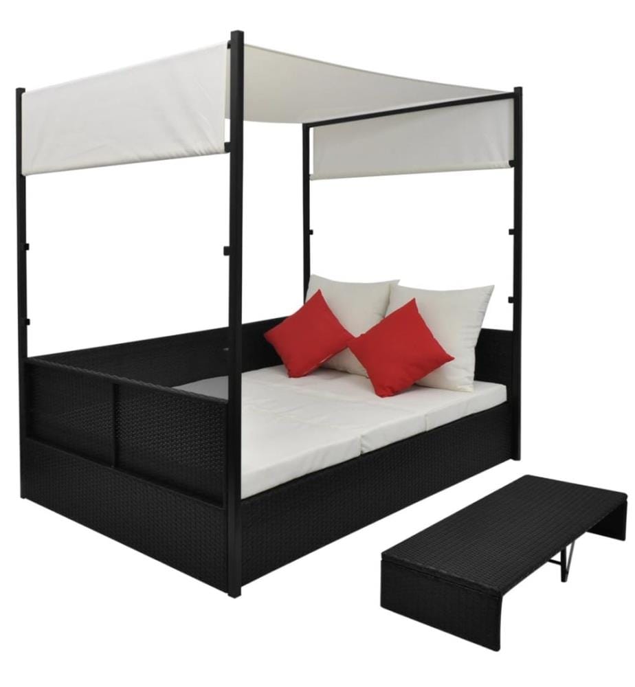 Gartenbett mit Baldachin Schwarz 190×130 cm Poly Rattan