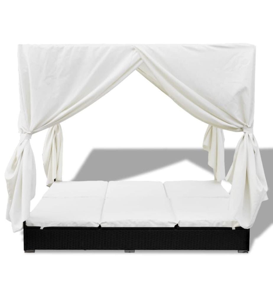 Outdoor-Loungebett mit Vorhang Poly Rattan Schwarz
