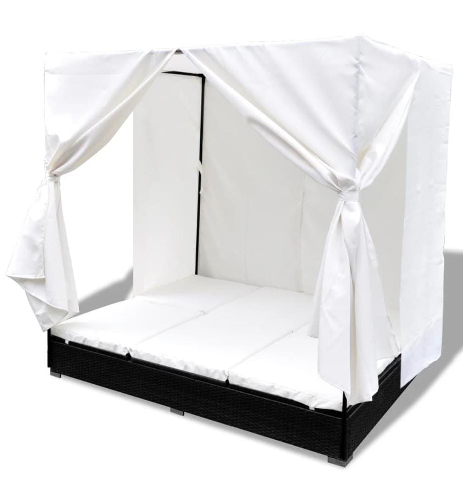 Outdoor-Loungebett mit Vorhang Poly Rattan Schwarz