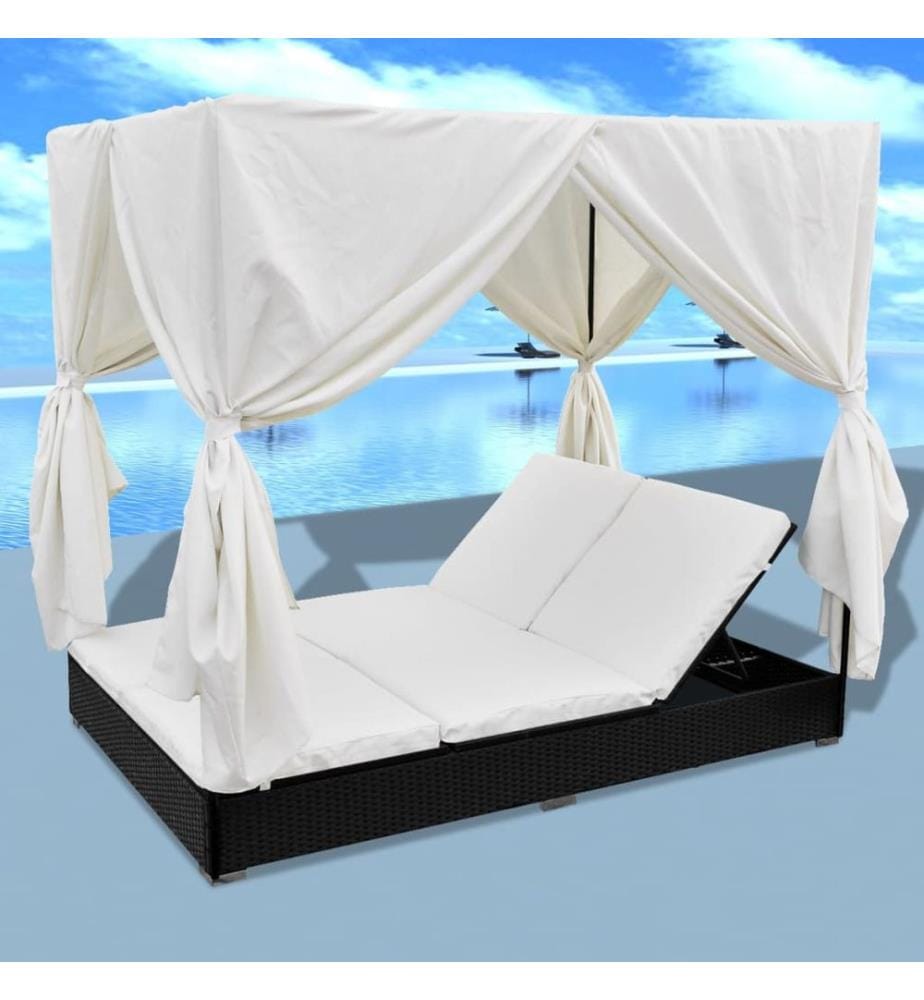 Outdoor-Loungebett mit Vorhang Poly Rattan Schwarz