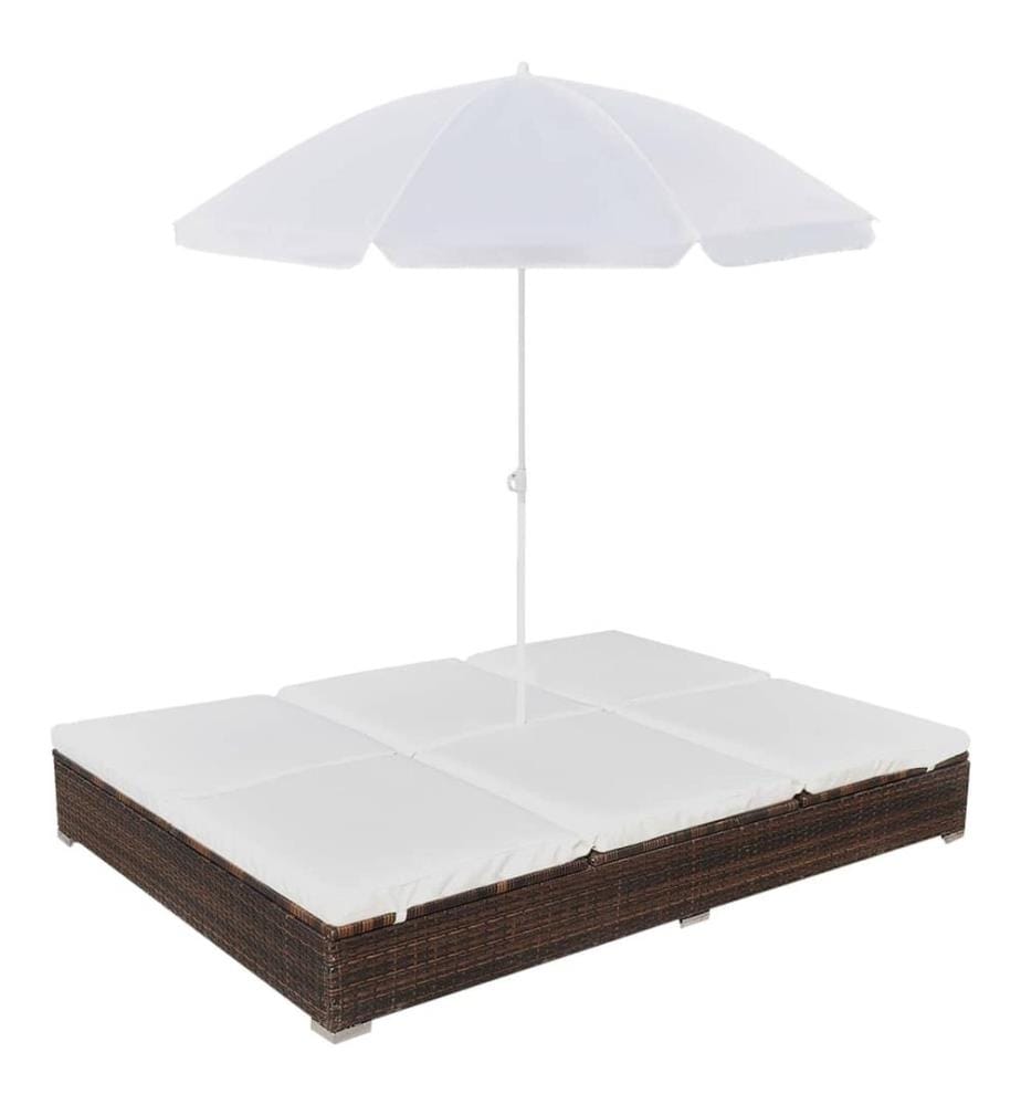 Chaise longue d'extérieur avec parasol Résine tressée Marron