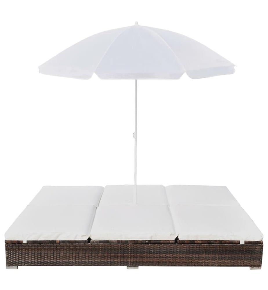 Chaise longue d'extérieur avec parasol Résine tressée Marron