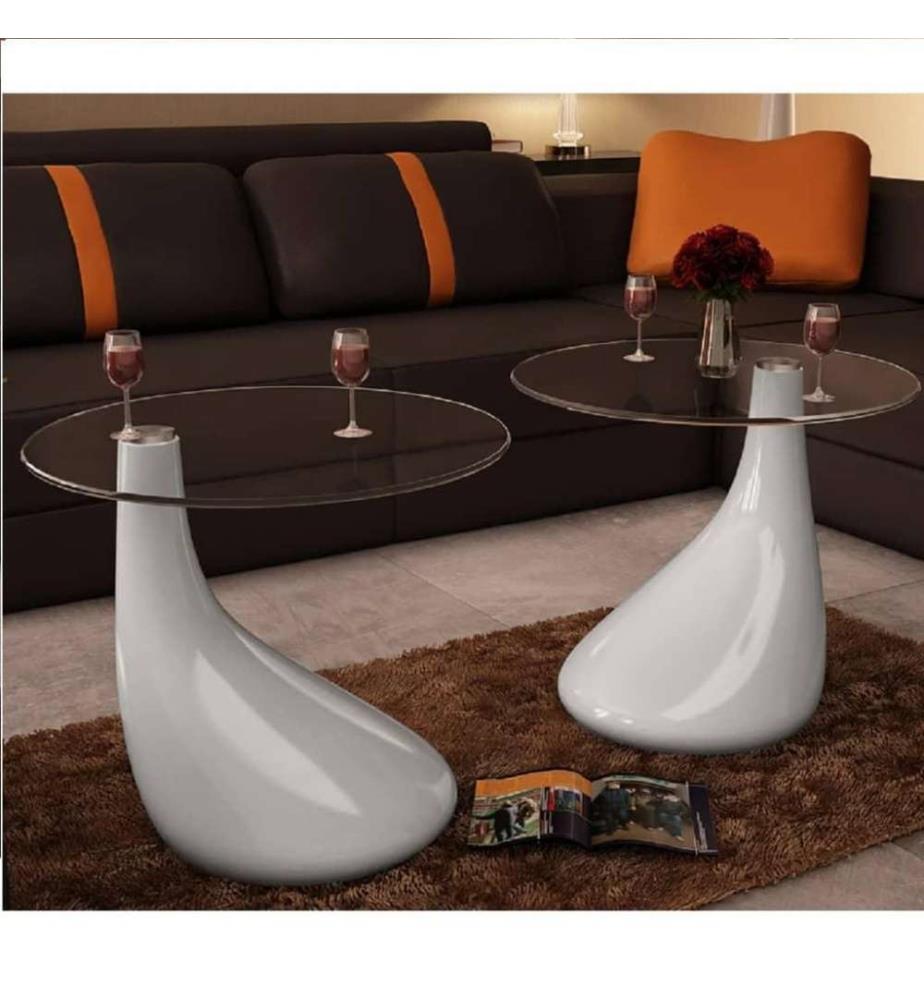 Beistelltische mit runder Glasplatte 2 Stk. Hochglanz Weiss