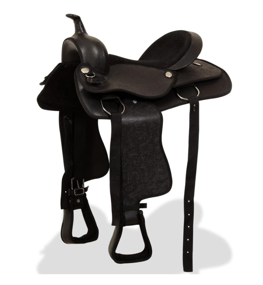 Western-Sattel, Halfter & Brustblatt Echtleder 15" Schwarz