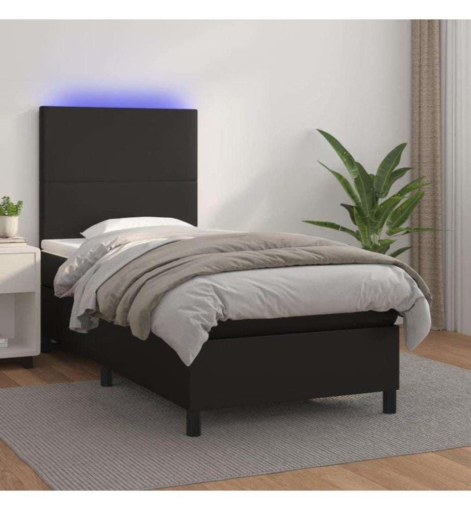 Sommier tapissier avec matelas et LED Noir 90x200 cm Similicuir