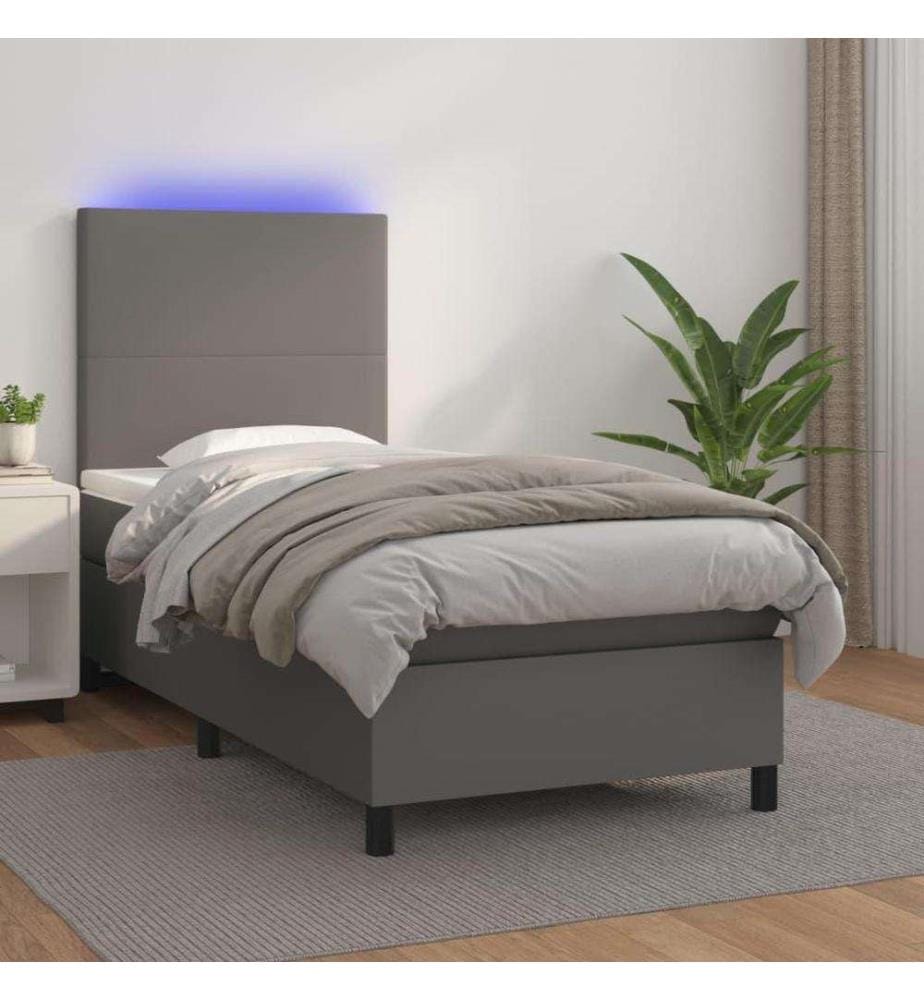 Sommier tapissier avec matelas et LED Gris 90x200 cm Similicuir