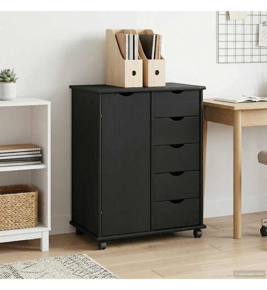 Rollschrank Mit Rad Schwarz 63,5 x 39 x 79 cm Massivholz Kiefer