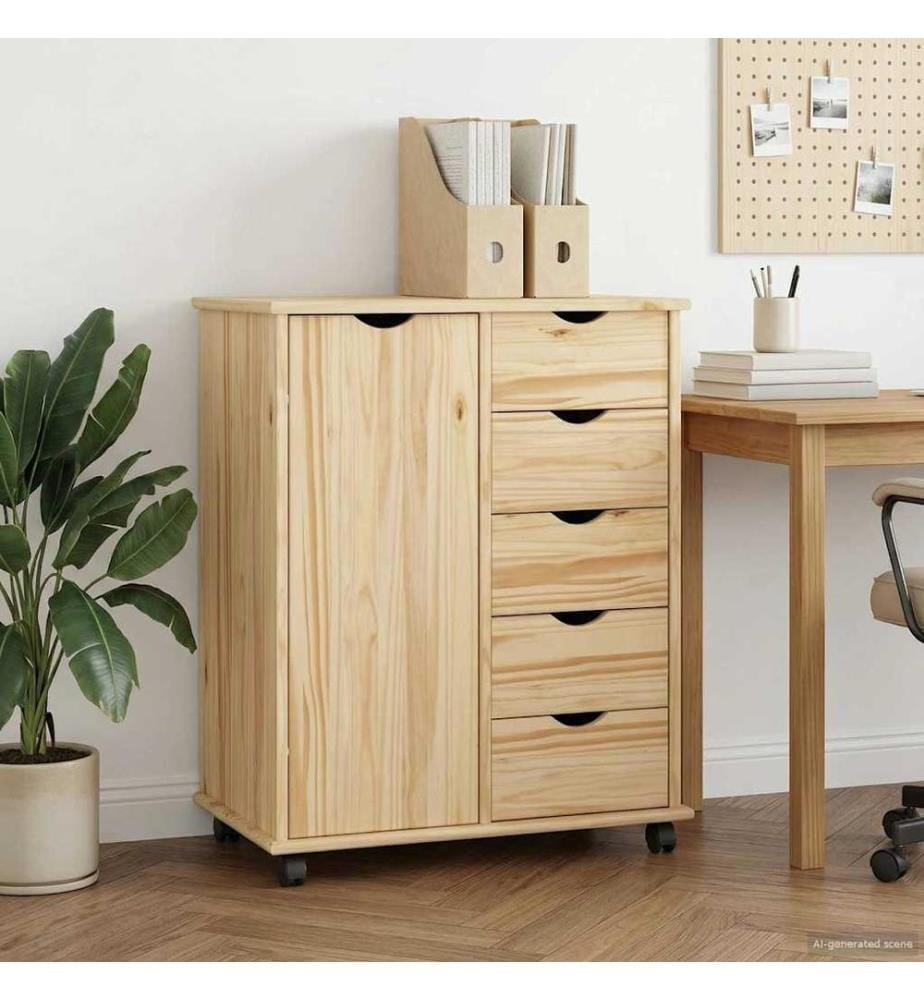Rollschrank Mit Rad Braun 63,5 x 39 x 79 cm Massivholz Kiefer