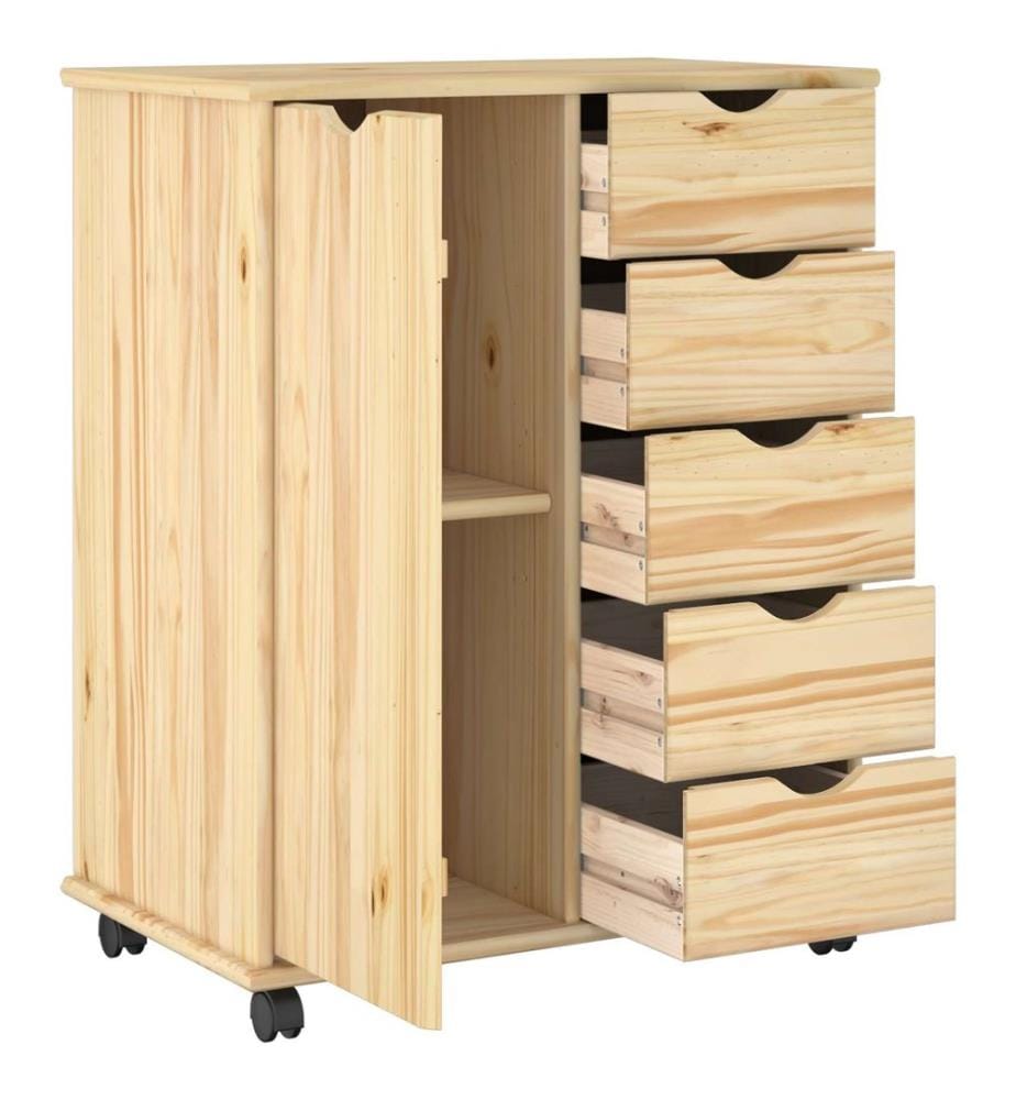 Rollschrank Mit Rad Braun 63,5 x 39 x 79 cm Massivholz Kiefer