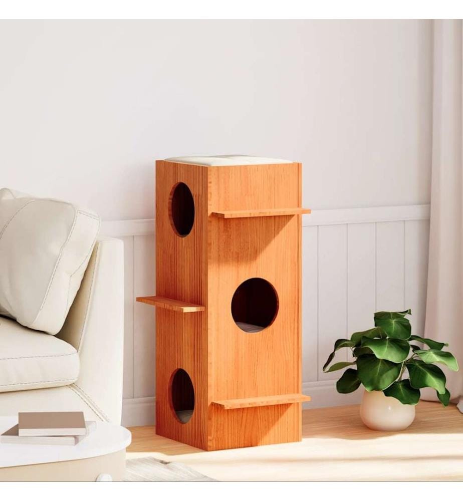 Maison pour chat cire marron 43x43x90 cm bois de pin massif