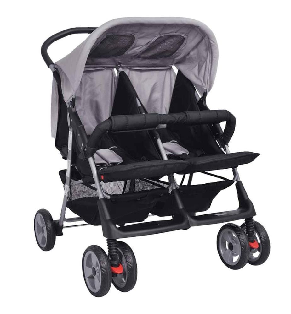 Zwillingskinderwagen Stahl Grau und Schwarz