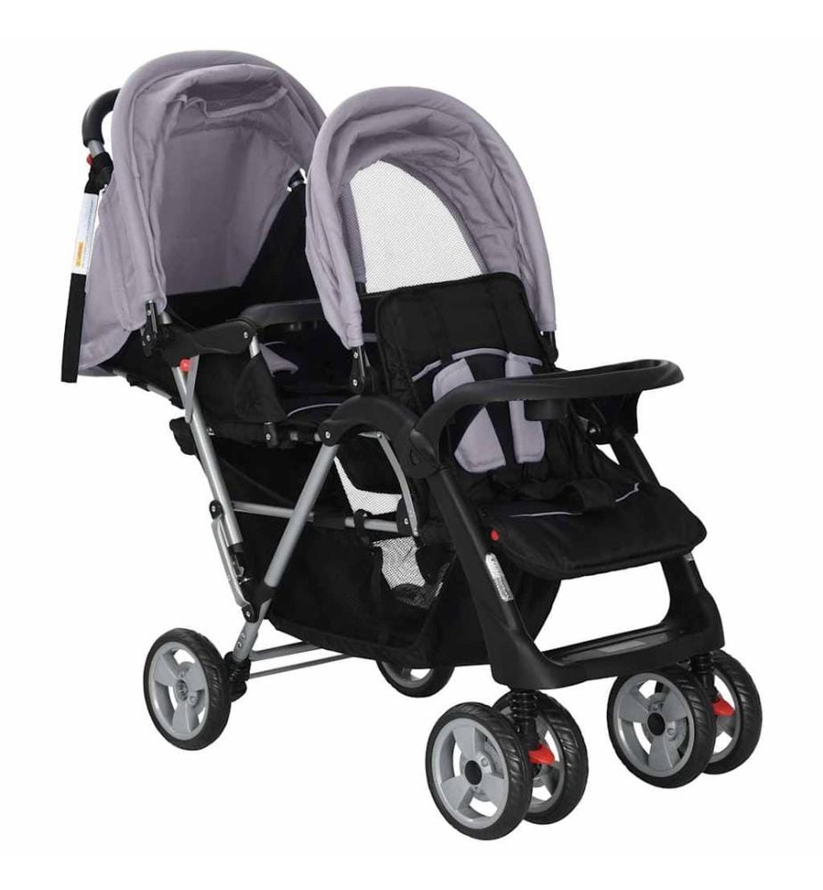 Tandem-Kinderwagen Stahl Grau und Schwarz
