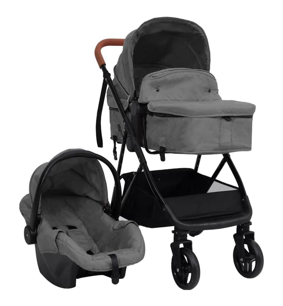 3-in-1 Kinderwagen Hellgrau und Schwarz Stahl
