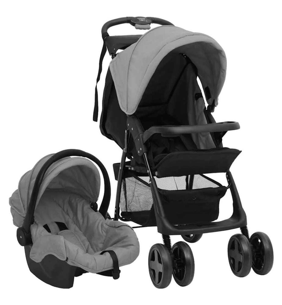 3-in-1 Kinderwagen Hellgrau und Schwarz Stahl