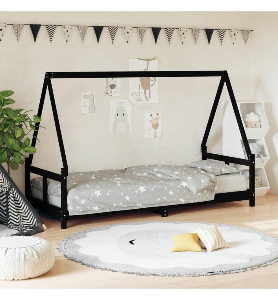 Kinderbett Schwarz 80x200 cm Massivholz Kiefer
