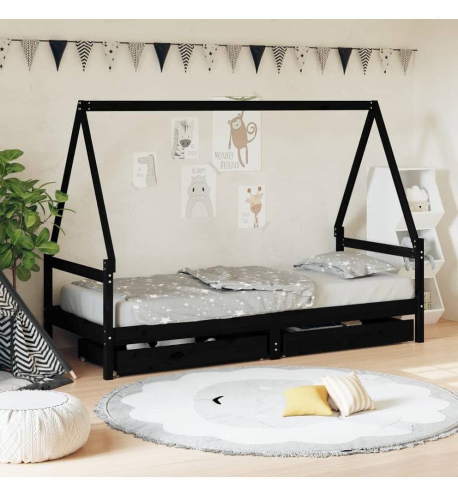 Kinderbett mit Schubladen Schwarz 90x200 cm Massivholz Kiefer