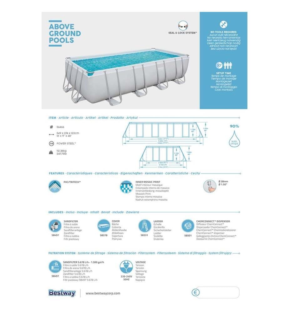 Rett. Piscina con struttura in acciaio Power 549 x 274 x 122, filtro a sabbia incluso