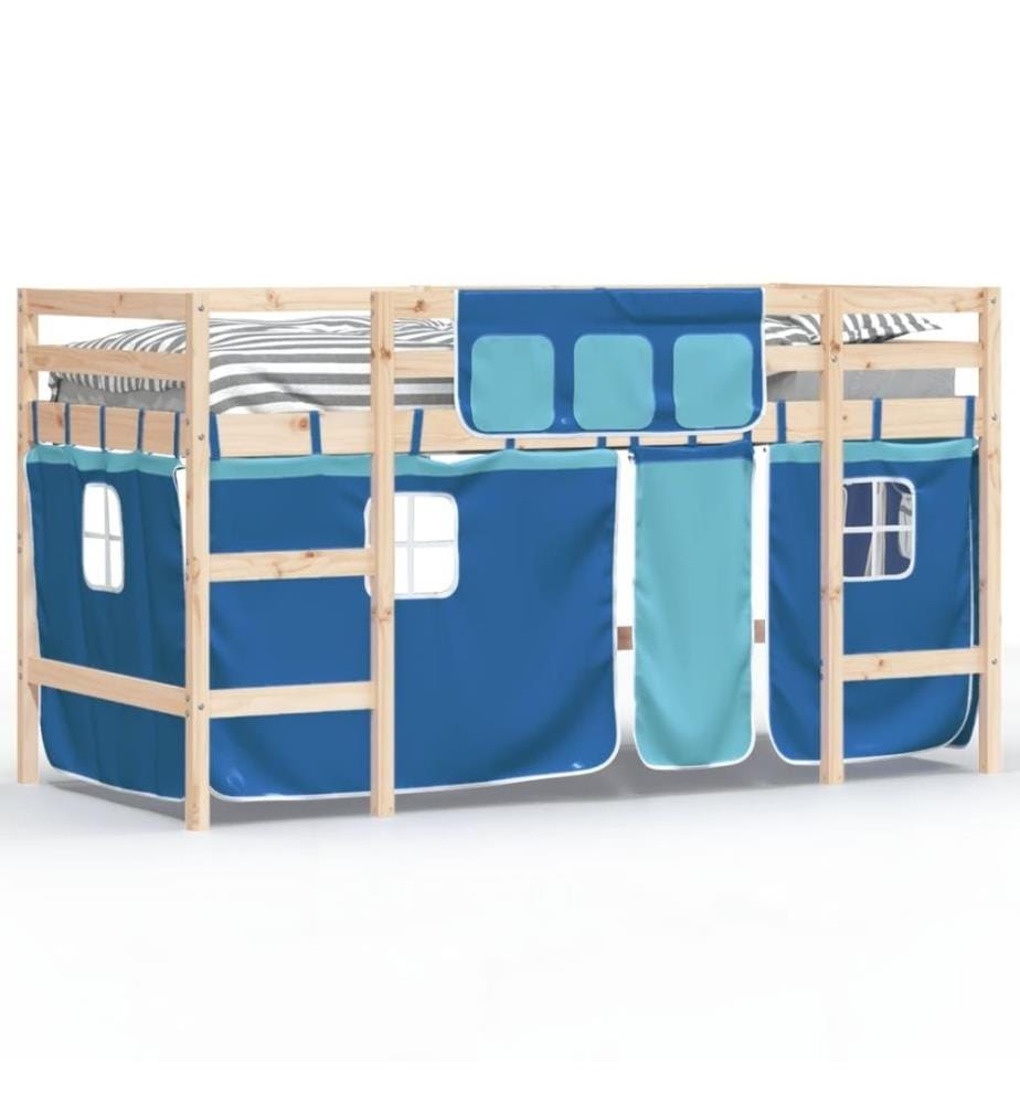 Lit mezzanine enfants et rideaux bleu 90x190cm bois pin massif