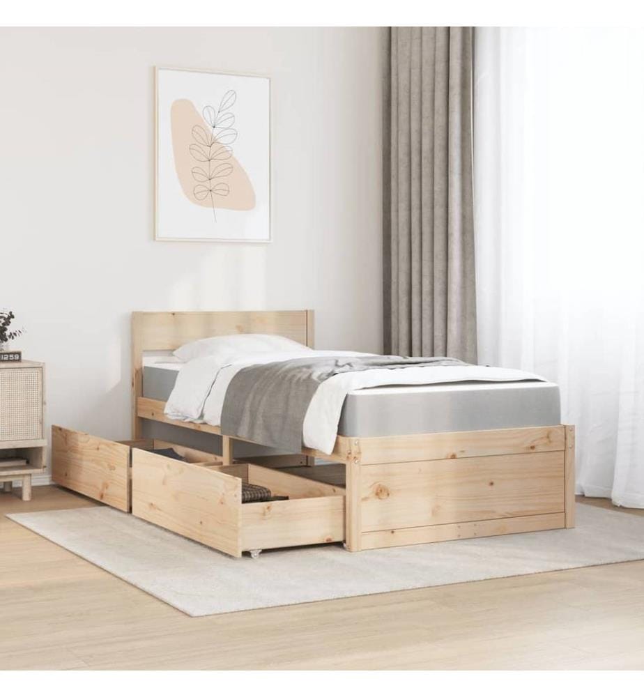 Lit avec tiroirs et matelas 90x200 cm bois massif de pin