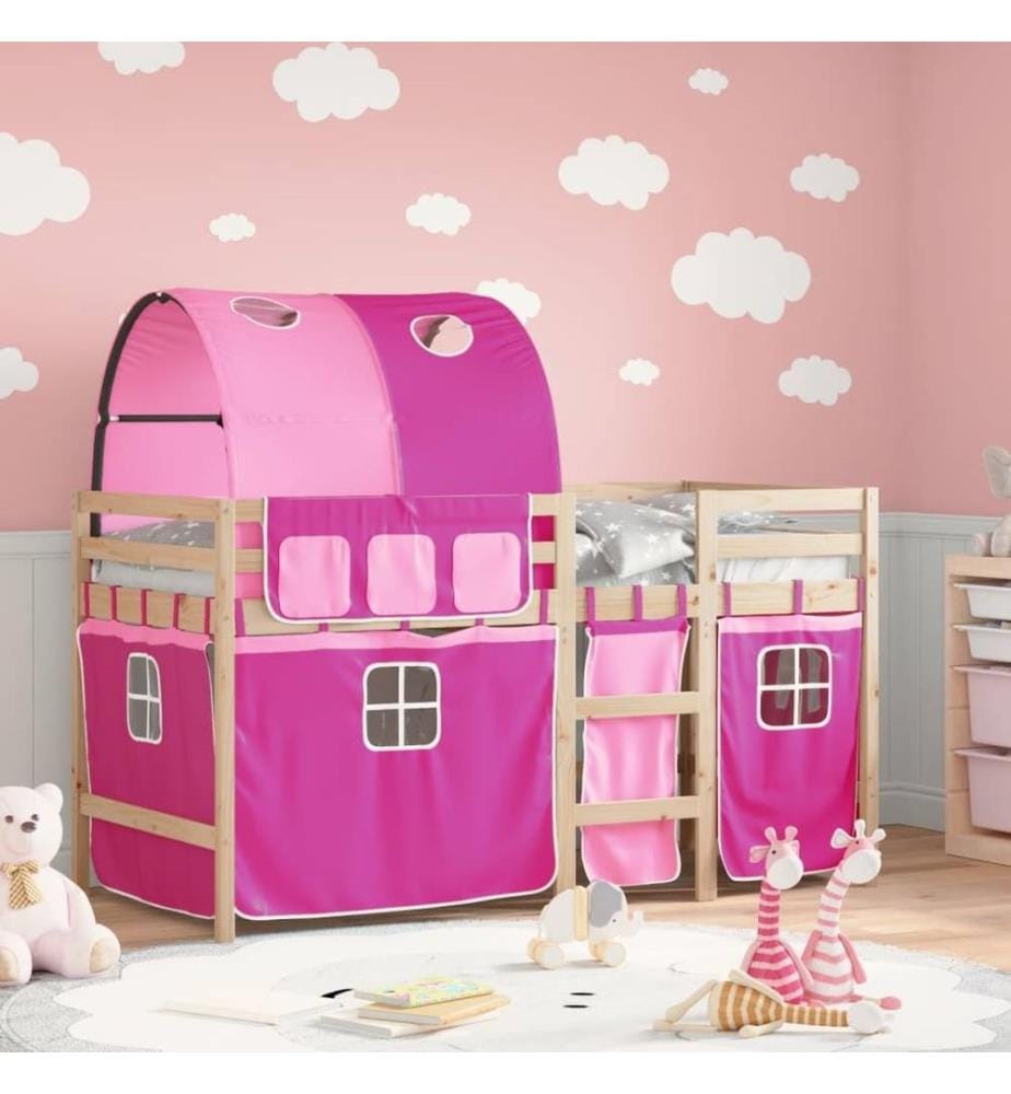 Lit mezzanine enfants avec tunnel rose 90x200cm bois pin massif