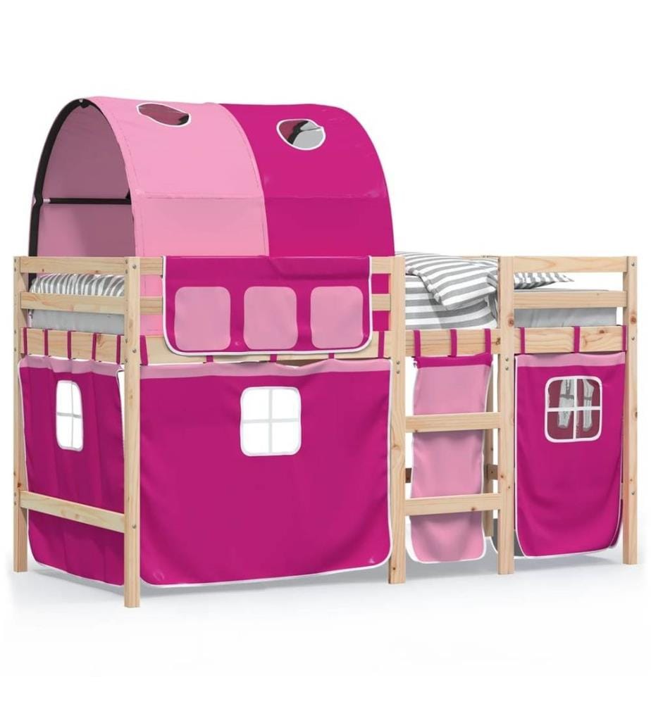 Lit mezzanine enfants avec tunnel rose 90x200cm bois pin massif