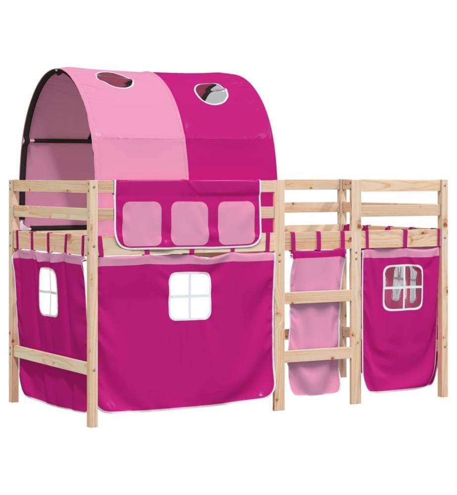 Lit mezzanine enfants avec tunnel rose 90x200cm bois pin massif