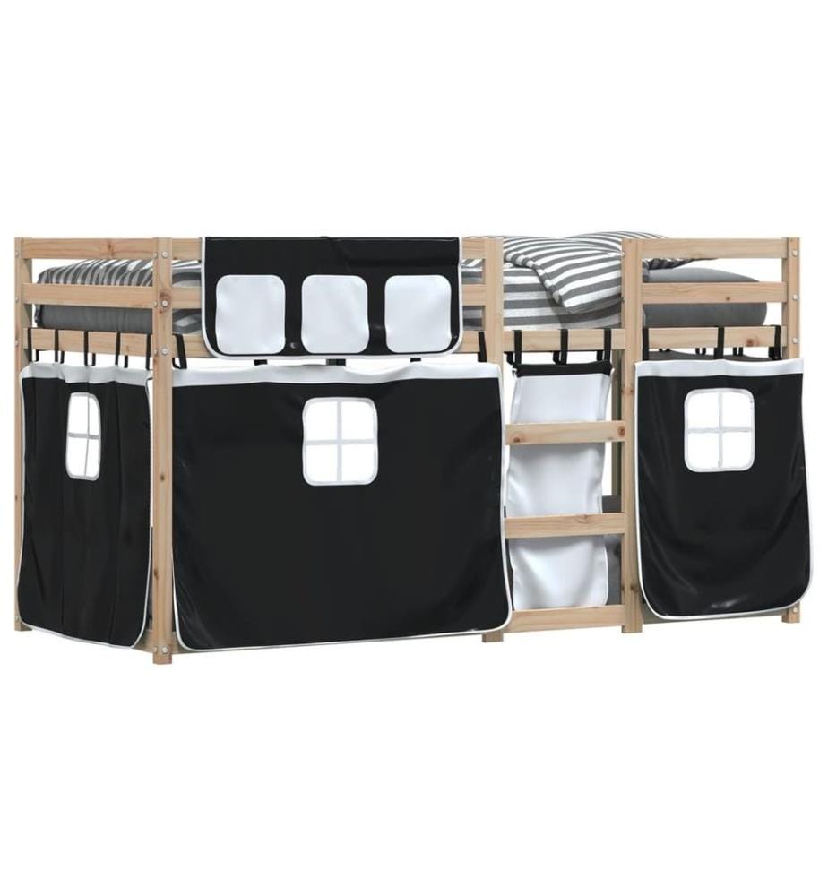 Etagenbett mit Vorhängen Weiss Schwarz 90x200 cm Kiefernholz
