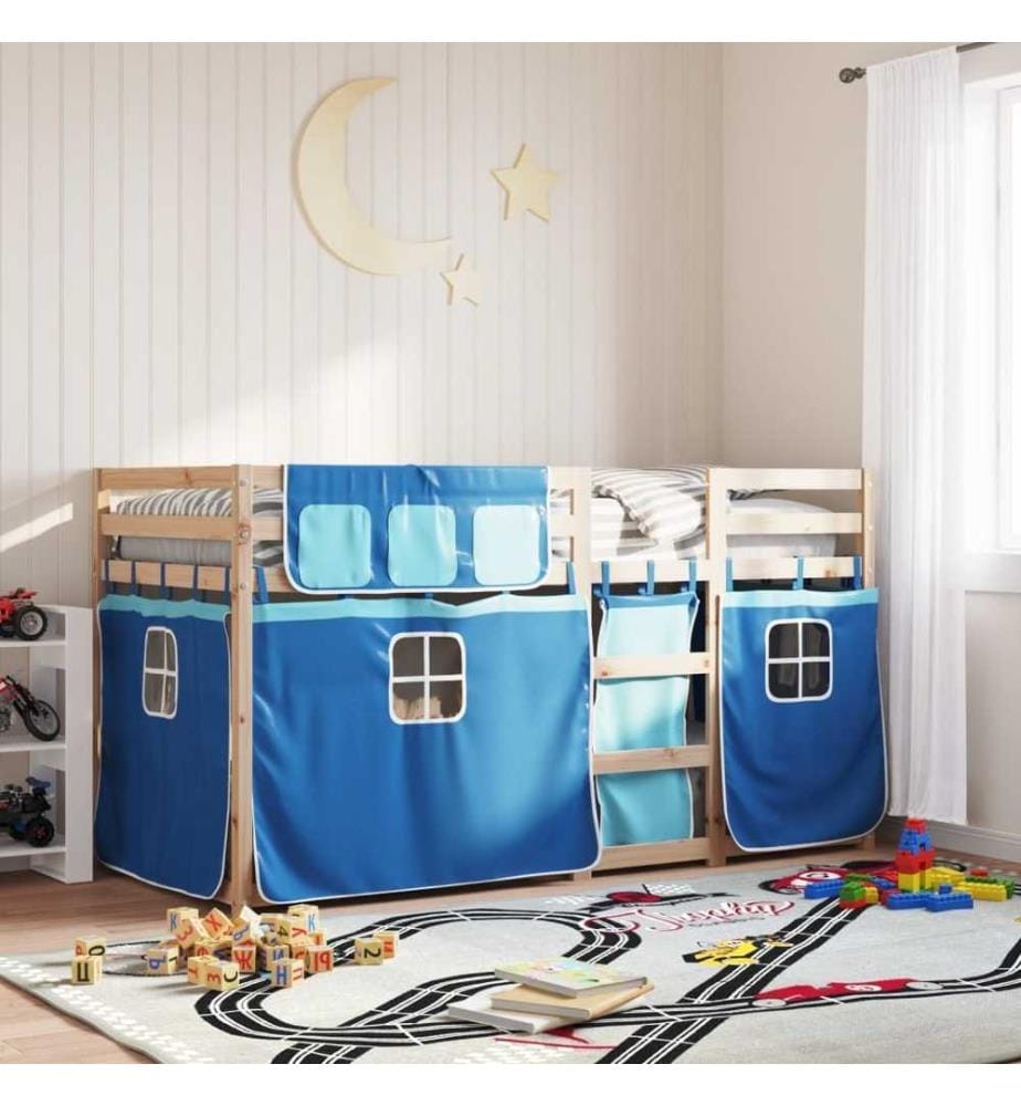 Lit superposé avec rideaux bleu 90x200 cm bois pin massif